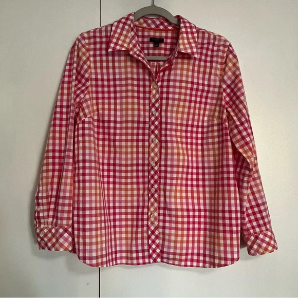 Talbots Button Up Shirt Pink Orange Gingham Check Long Sleeve Size Petite Large - Picture 9 of 10